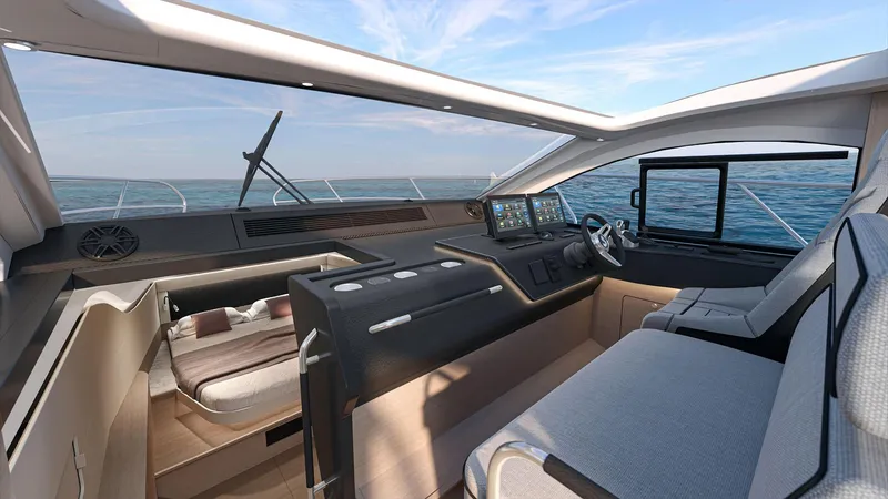 Slide: The Image of Interior of 2026 Beneteau Gran Turismo 40 yacht, featuring modern helm and luxurious cabin. - 10