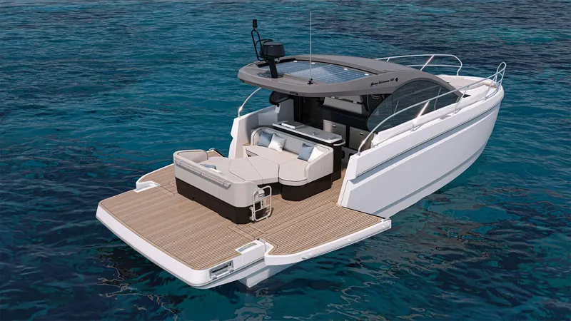 Slide: The Image of 2026 Beneteau Gran Turismo 40 yacht on clear blue water, showcasing sleek design and spacious deck. - 4