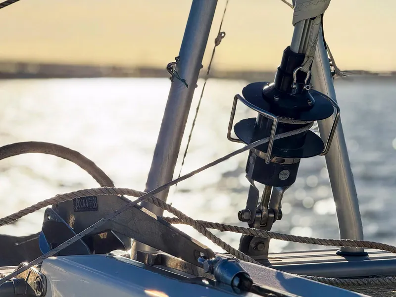 Slide: The Image of Close-up of deck fittings on a 2017 Lagoon 42 catamaran with colorful ropes. - 19