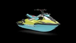 Slide: The Image of 2025 Yamaha WaveRunner JetBlaster PRO 3-Up, vibrant yellow and blue design, side view. - 2