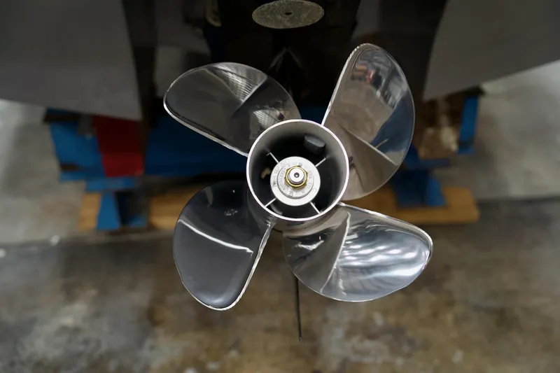 Slide: The Image of Close-up of a 2026 Four Winns H2 boat propeller, showcasing its sleek, metallic blades. - 8
