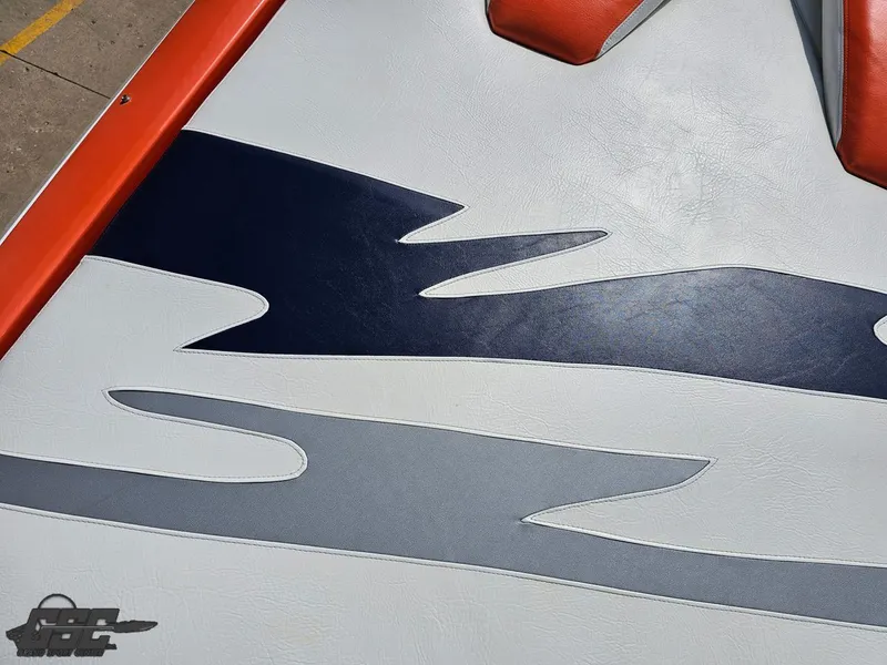 Slide: The Image of 2007 Baja 35 Outlaw boat upholstery with blue, gray, and white design. - 46