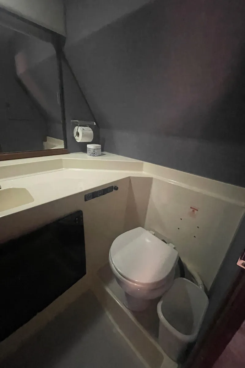 Slide: The Image of 1988 Bayliner 4588 yacht bathroom with toilet, sink, and mirror. - 20
