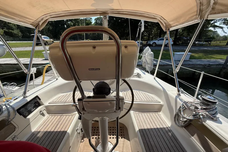 Slide: The Image of Cockpit view of 2006 Southerly 115 Mk IV sailboat with steering wheel and seating. - 46