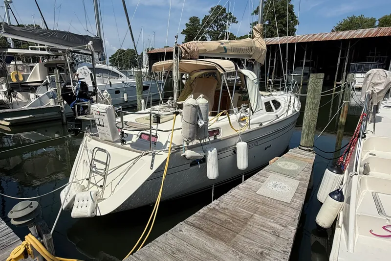 Slide: The Image of Sailboat Southerly 115 Mk IV, 2006 model, docked at marina with fenders and rigging. - 64