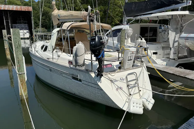 Slide: The Image of Southerly 115 Mk IV sailboat, 2006 model, docked in a marina with calm waters. - 66