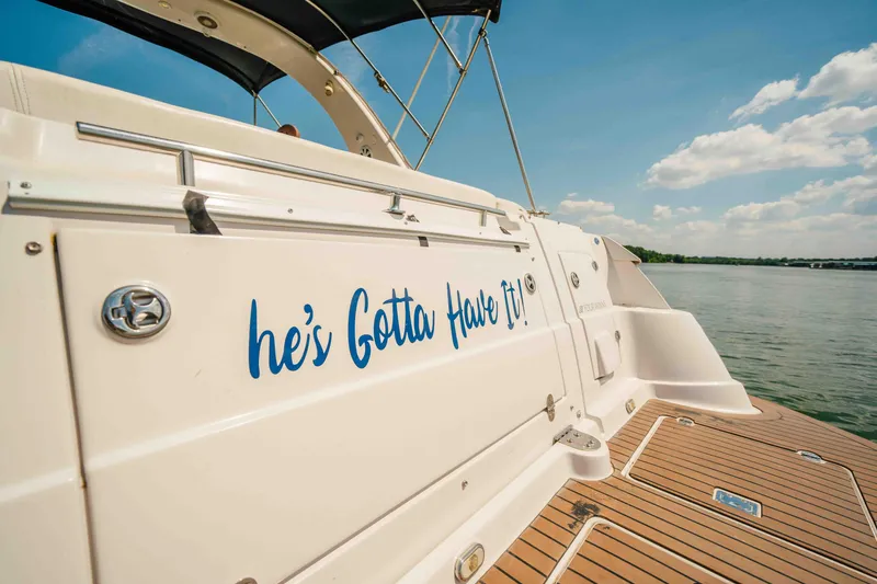 Slide: The Image of 2006 Four Winns 348 Vista boat with "he's Gotta Have It!" text on deck. - 25