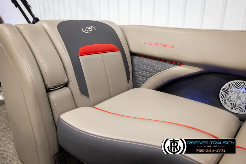 Slide: The Image of 2023 Barletta 21 UC boat seat with beige and red accents, featuring Corsa branding. - 20