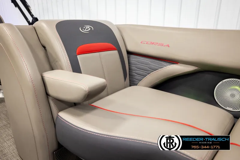 Slide: The Image of Luxurious seating in 2023 Barletta 21 UC boat with stylish design and speaker detail. - 21