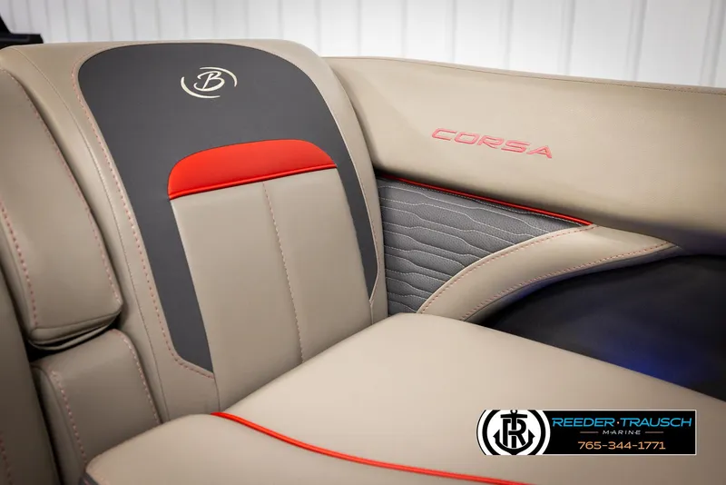Slide: The Image of 2023 Barletta 21 UC boat seat with beige and red accents, featuring "Corsa" branding. - 48