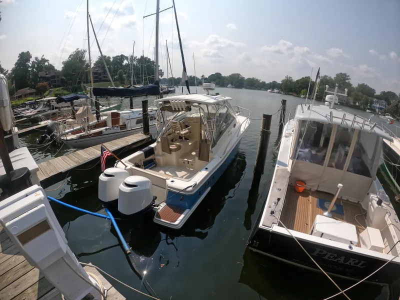 Slide: The Image of 2010 Scout 262 Abaco docked among other boats in a marina. - 5