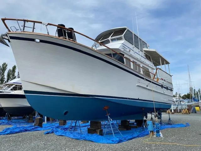 Slide: The Image of 1983 Ocean Alexander 43 Flush Aft Deck yacht on drydock - 3