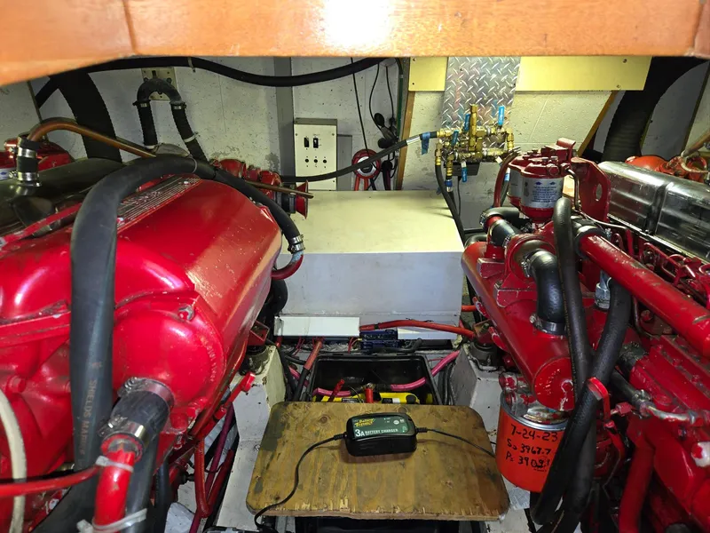 Slide: The Image of Engine room of 1983 Ocean Alexander 43 Flush Aft Deck - engine compartment - 40