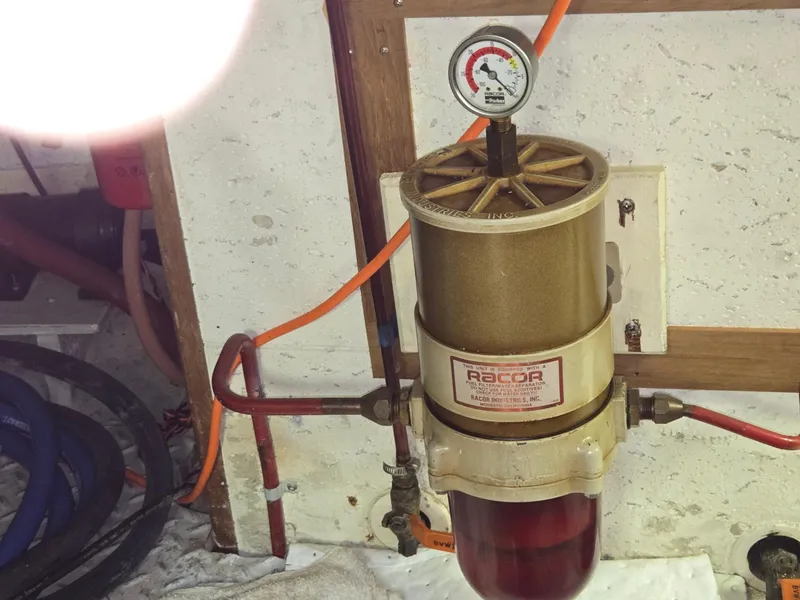 Slide: The Image of Fuel filter system on 1983 Ocean Alexander 43 Flush Aft Deck yacht. - 46