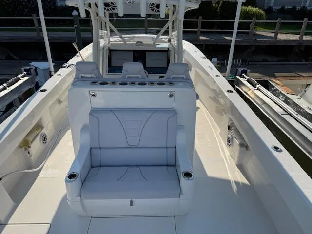 Slide: The Image of 2024 SeaVee Open Fisherman 390Z boat interior with seating and control panel. - 15