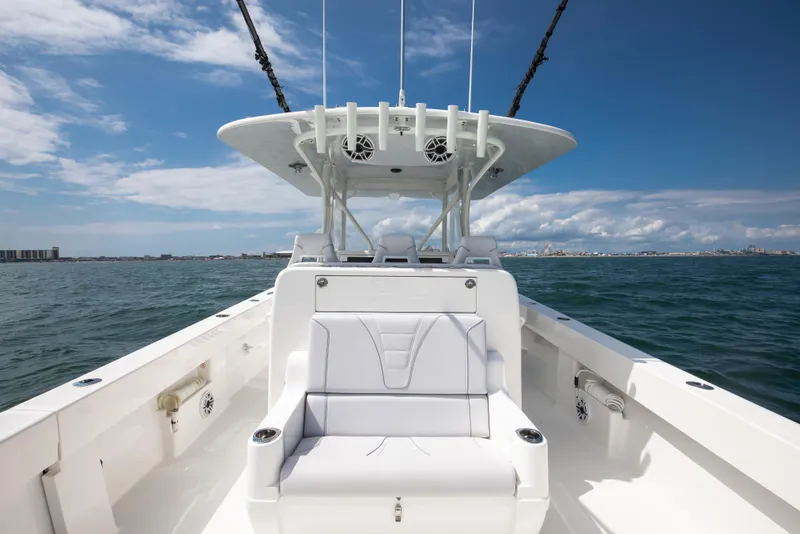 Slide: The Image of 2024 SeaVee Open Fisherman 390Z boat on water, featuring spacious seating and modern design. - 20