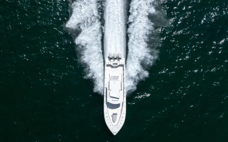 Slide: The Image of Aerial view of 2024 SeaVee Open Fisherman 390Z cruising on open water. - 7