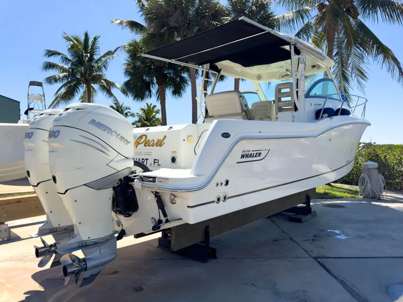 Slide: The Image of 2018 Boston Whaler 315 Conquest boat with twin engines, docked under palm trees. - 8