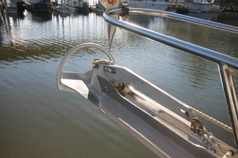 Slide: The Image of 1986 Senator 35 Sundeck Trawler anchor detail at marina. - 10