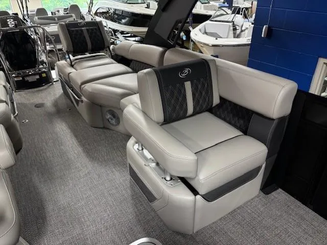 Slide: The Image of Luxurious interior of 2026 Barletta L25MA pontoon boat with plush seating. - 12