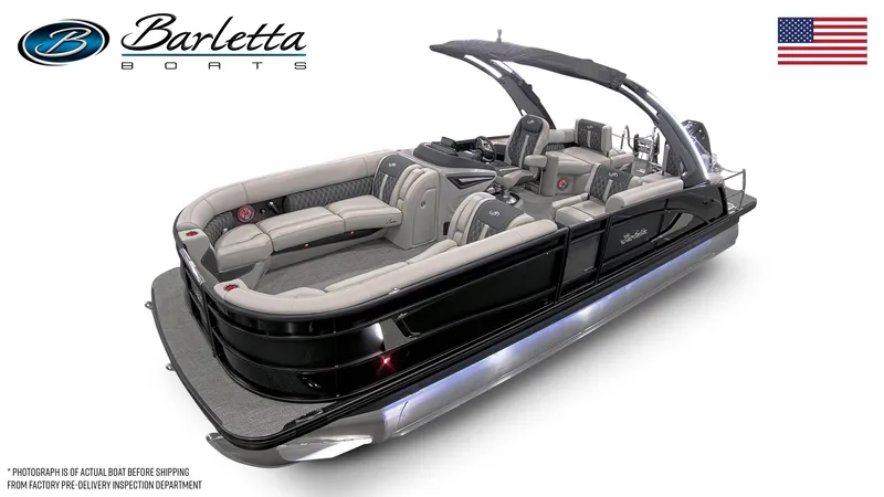 Slide: The Image of 2026 Barletta L25MA luxury pontoon boat with sleek design and spacious seating. - 2