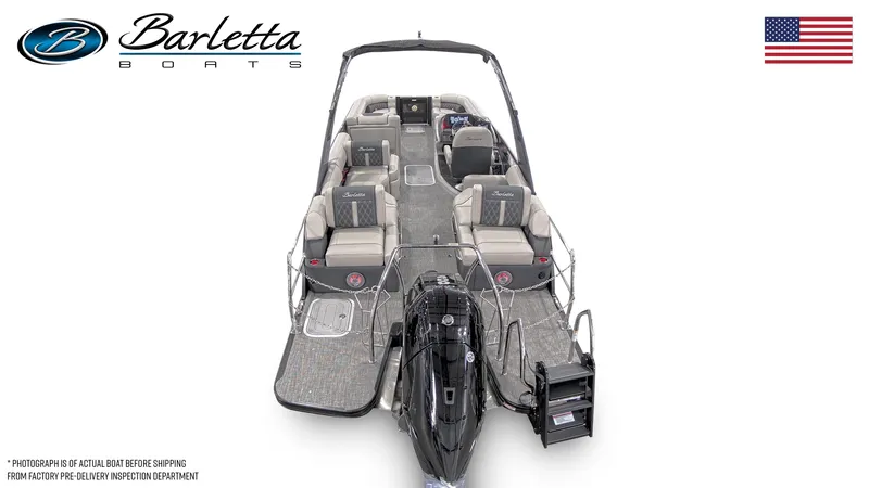 Slide: The Image of 2026 Barletta L25MA pontoon boat, spacious seating, sleek design, American flag, top view. - 4