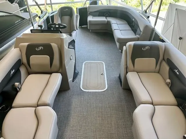 Slide: The Image of 2026 Barletta A20L boat interior with luxurious seating and modern design. - 2