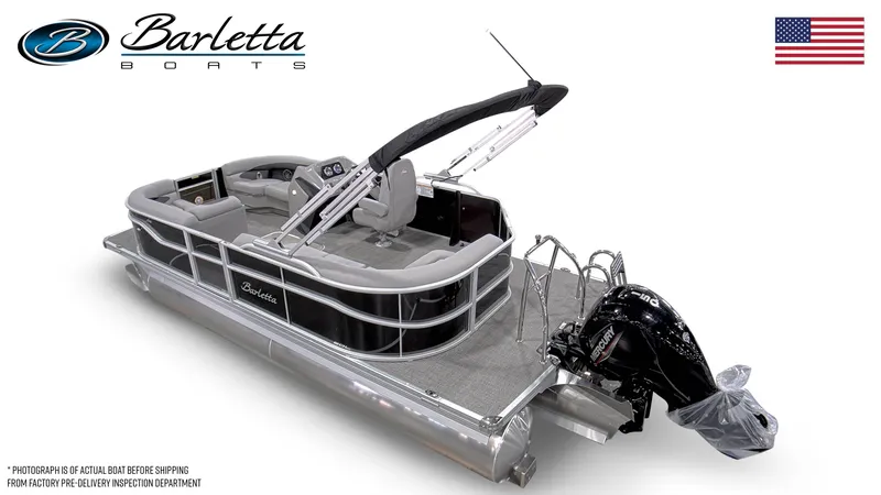 Slide: The Image of 2026 Barletta A20L pontoon boat with Mercury engine, American flag, and sleek design. - 8