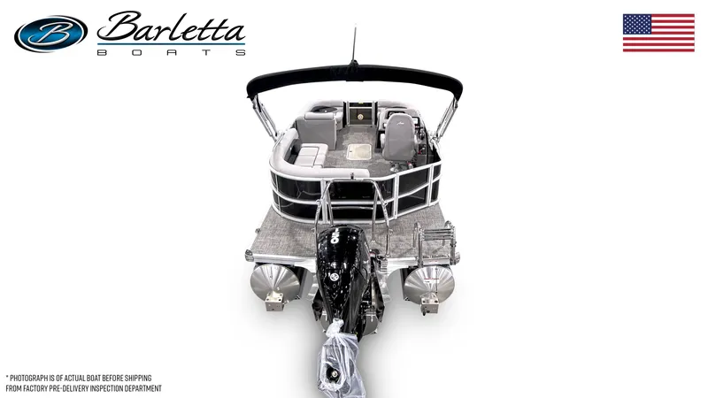 Slide: The Image of 2026 Barletta A20L pontoon boat, rear view, with American flag and logo. - 9