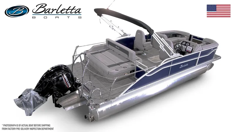 Slide: The Image of 2026 Barletta A22UC pontoon boat with Mercury engine, sleek design, and spacious seating. - 3