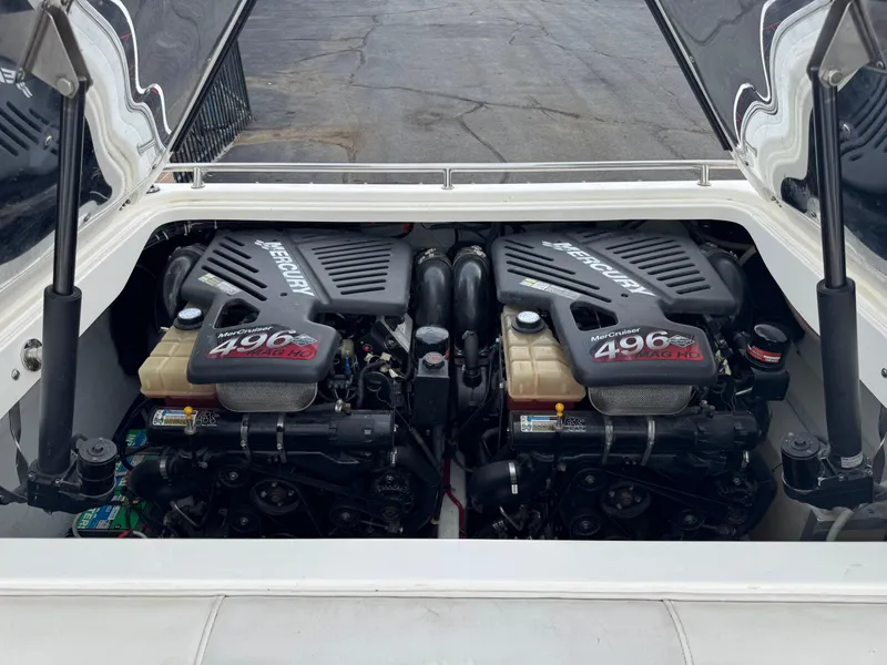 Slide: The Image of Twin Mercury 496 MAG HO engines in a 2004 Fountain 35 Executioner boat. - 13