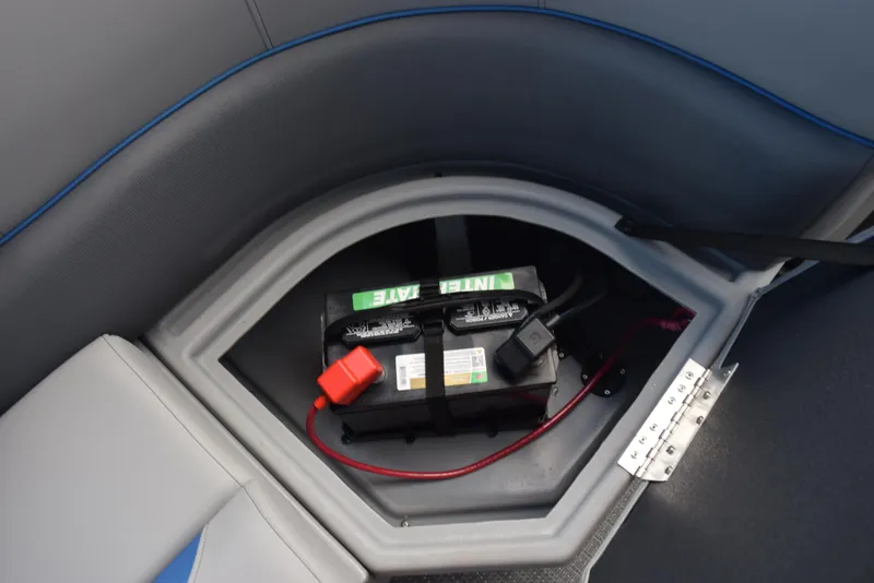 Slide: The Image of 2026 Bentley Pontoons Bolt battery compartment with secure wiring and seating. - 18