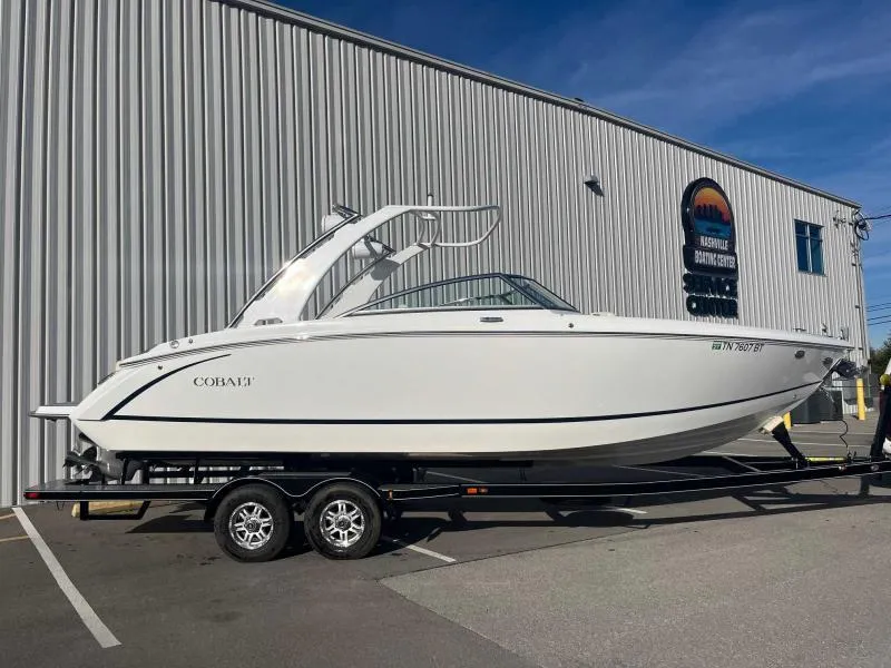 Slide: The Image of 2021 Cobalt R7 boat on trailer outside Nashville Boating Center. - 1