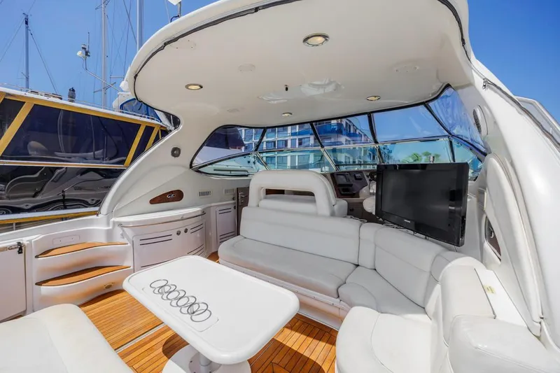 Slide: The Image of Luxurious interior of 2000 Sea Ray 510 Sundancer yacht with white seating and TV. - 21