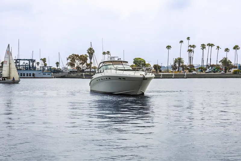 Slide: The Image of Sea Ray 510 Sundancer 2000 yacht cruising in a marina with palm trees in the background. - 3