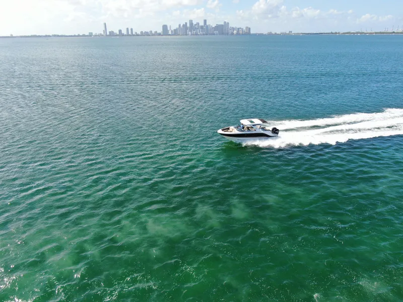Slide: The Image of 2018 Sea Ray 310 SLX cruising on open water with city skyline in background. - 12