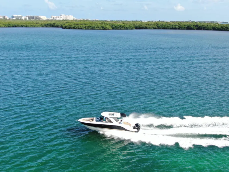 Slide: The Image of 2018 Sea Ray 310 SLX speedboat cruising on open water with cityscape in background. - 14