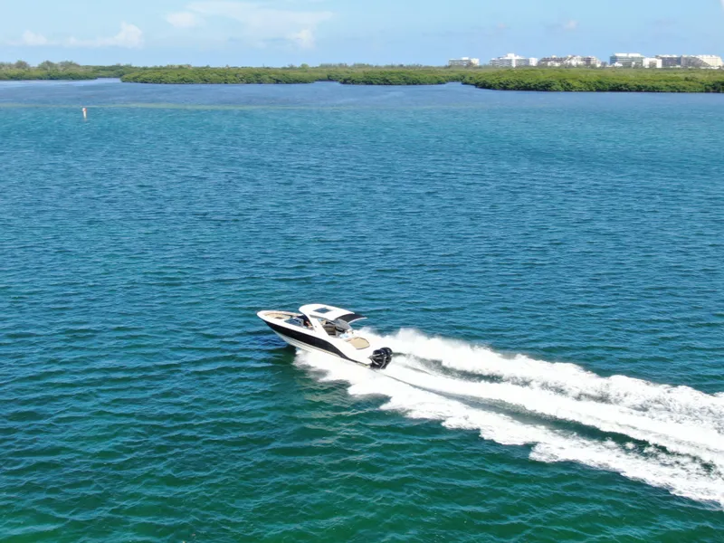 Slide: The Image of 2018 Sea Ray 310 SLX cruising on open water, surrounded by lush greenery. - 15