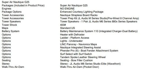 Slide: The Image of 2021 Nautique Super Air Nautique G25 features and options list, including audio and lighting packages. - 14