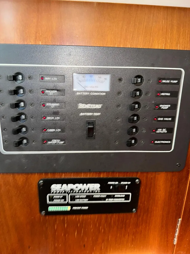 Slide: The Image of Electrical control panel on a 1998 Beneteau 381 sailboat. - 44