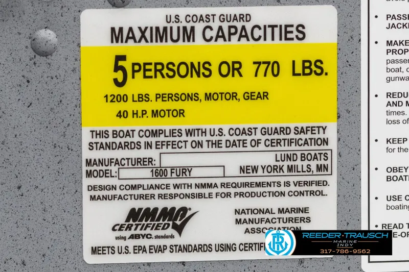 Slide: The Image of 2025 Lund 1600 Fury Heritage Edition capacity label, 5 persons or 770 lbs, 40 HP motor. - 31