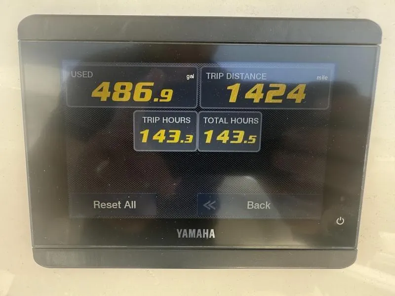 Slide: The Image of Yamaha display showing fuel usage, trip distance, and hours for Sailfish 220, 2023 model. - 15