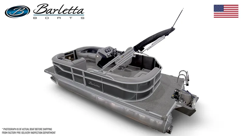 Slide: The Image of 2026 Barletta Aria A20L pontoon boat displayed indoors, showcasing sleek design. - 2