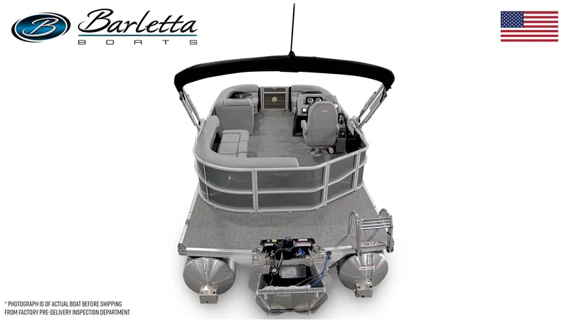 Slide: The Image of 2026 Barletta Aria A20L pontoon boat with Mercury outboard motor in showroom. - 3