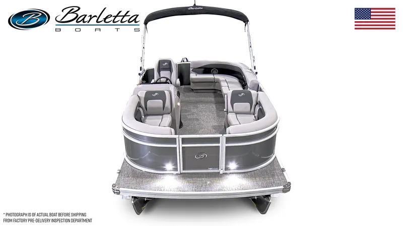Slide: The Image of 2026 Barletta Aria A20L boat seating with cup holders and speaker, gray upholstery. - 6