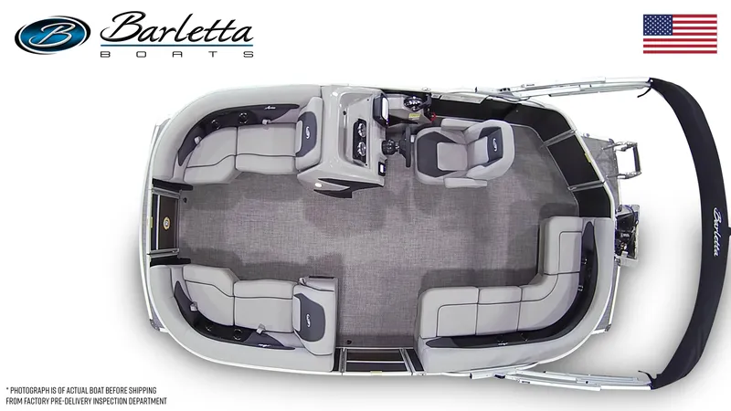 Slide: The Image of 2026 Barletta Aria A20L boat interior with gray seating and cup holders. - 7
