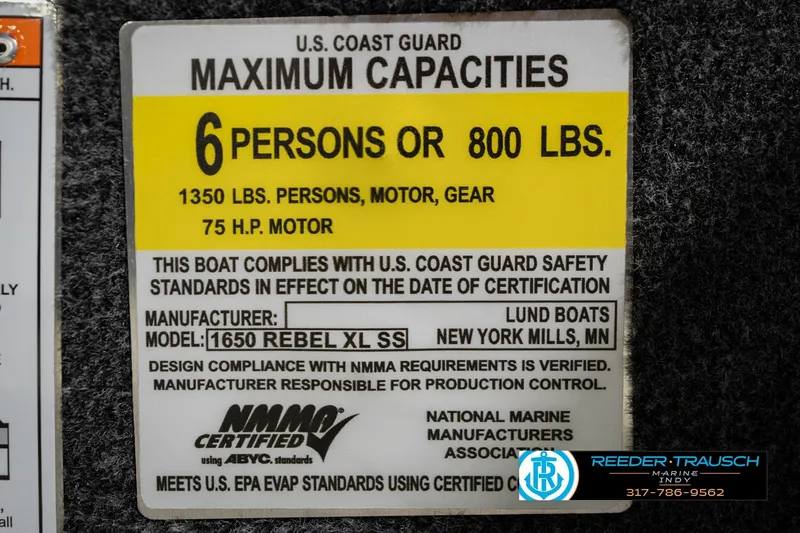 Slide: The Image of 2026 Lund 1650 Rebel XL SS capacity label, 6 persons or 800 lbs, U.S. Coast Guard certified. - 55