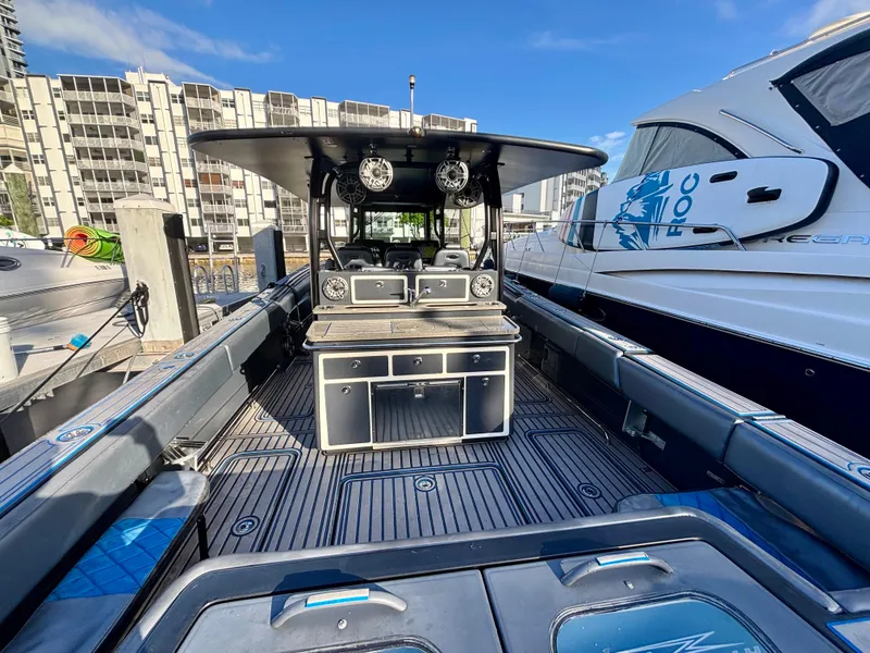 Slide: The Image of 2016 Hydra-Sports 4200 Siesta boat docked, featuring spacious deck and modern amenities. - 47
