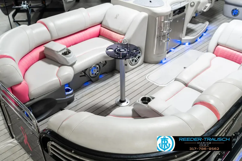 Slide: The Image of Luxurious 2019 Avalon Ambassador 27' boat interior with plush seating and modern amenities. - 12