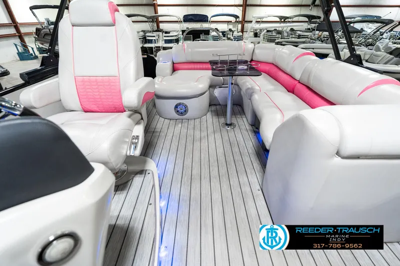 Slide: The Image of Luxurious interior of 2019 Avalon Ambassador 27' boat with stylish seating and ambient lighting. - 17